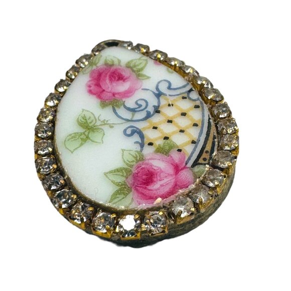 VNTG Bavaria Franklin Teardrop Porcelain Pendant W/ Pink Roses & Rhinestone Trim - Picture 8 of 11